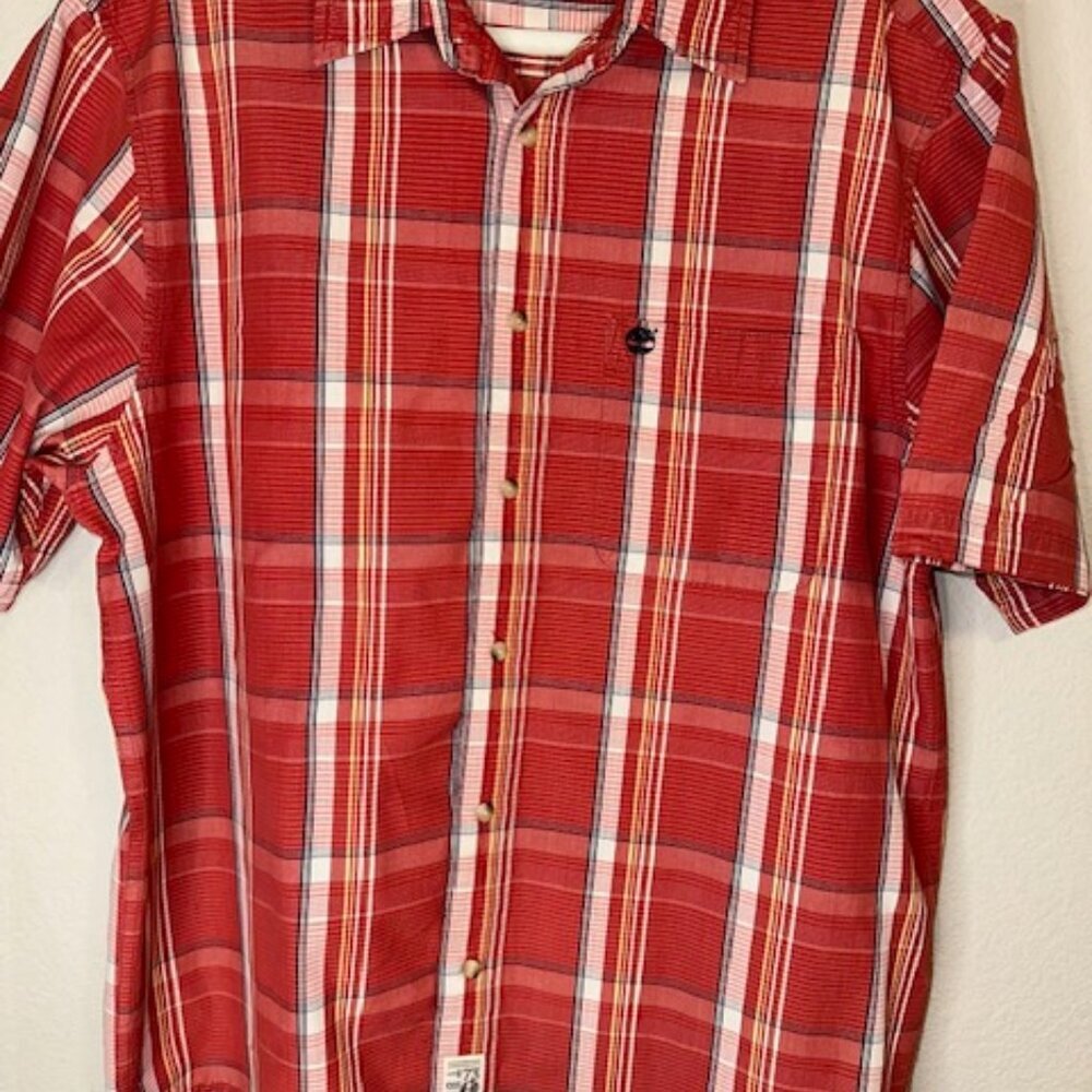 Timberland Men's short sleeve button up‎ logo shirt Large red plaid pattern - Picture 2 of 7